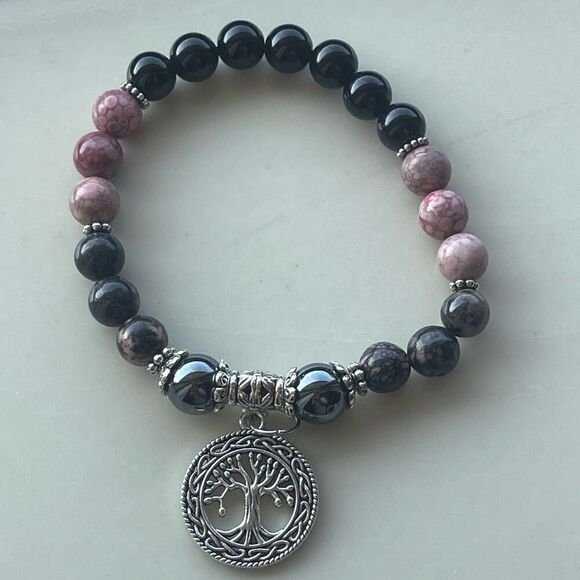 Rose coral jasper rhodonite hematite obsidian tree of life ONE NEW stretch brace - Picture 9 of 16